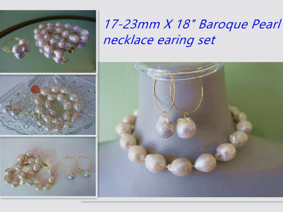 New Huge 17-23mm Genuine Baroque Pearl  Necklace Earing Set  18
