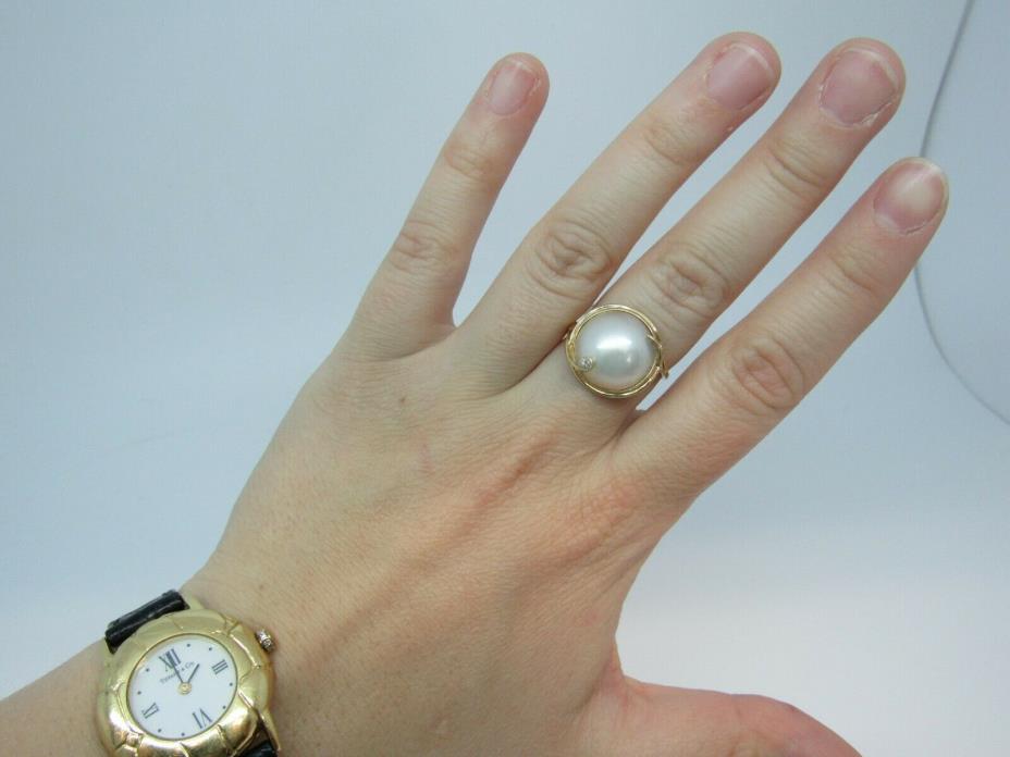Mabe Pearl Diamond Ring in 14K Yellow Gold. Size 6.5