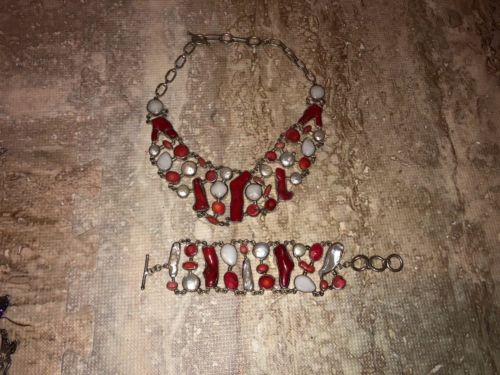 Sterling Sillver Red Coral And Pearl Necklace  And Bracelet