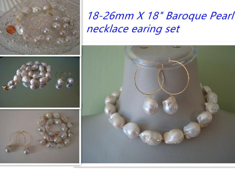 New Huge 18-26mm Genuine Baroque Pearl  Necklace Earing Set  18