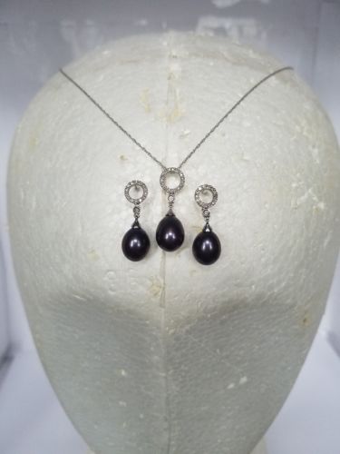 Estate 14K White Gold & Diamond & 10x8mm Black Pearl Earrings & Pendant