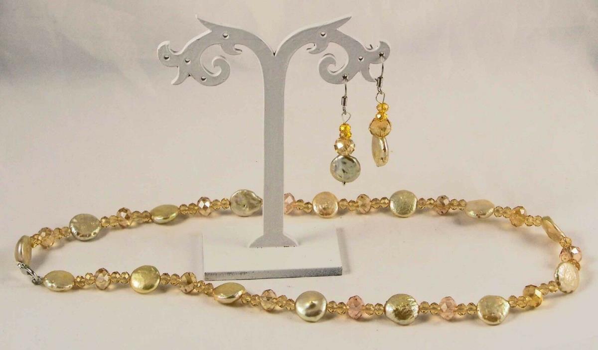Freshwater Coin Golden Pearl Glass Beads Necklace & Earrings Stainless Steel