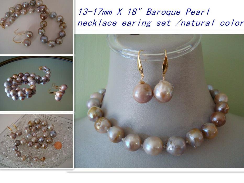 Huge 13-17mm Genuine Baroque Pearl  Necklace Earing Set  18inch Natural Color