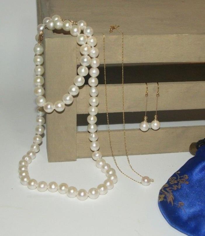 Elegant Set White Pearl Necklace Bracelet Earrings 14K 11mm Bride Mother Wedding