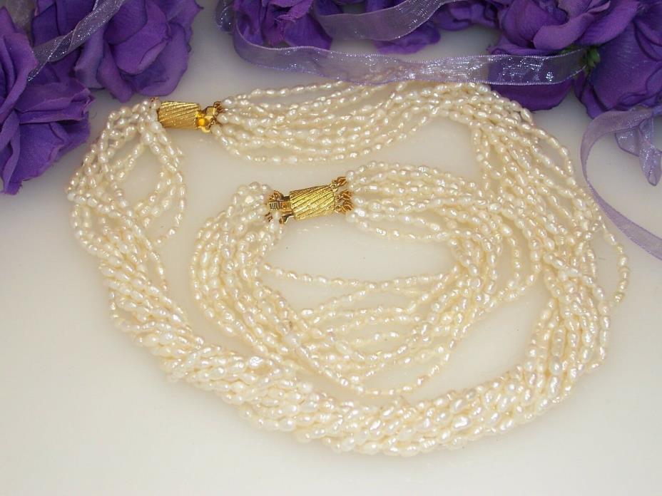 Multi Strand Freshwater Rice Pearl Necklace Bracelet Set
