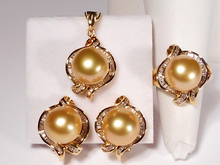 golden South Sea pearl set(ring,earrings,pendant),diamonds,solid 14k yellow gold