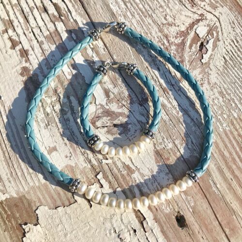 Honora Blue Braided Leather pearl necklace bracelet set 925 Sterling