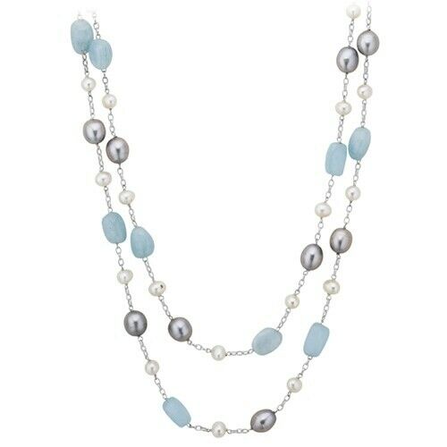 Sterling Silver Freshwater Cultured Pearl and Aquamarine Necklace w/ Stone/Gem