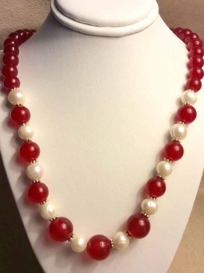 8mm RED JADE AND PEARL NECKLACE & DROP EARRING SET 18”  A1580
