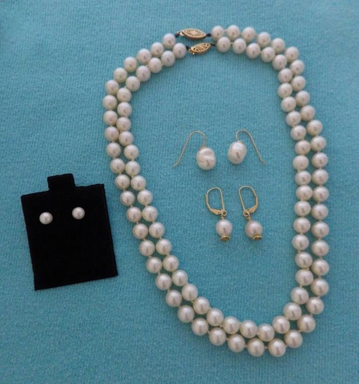 Pearl hand knotted necklace & earrings lot 14K gold clasp 5 piece 8mm 16