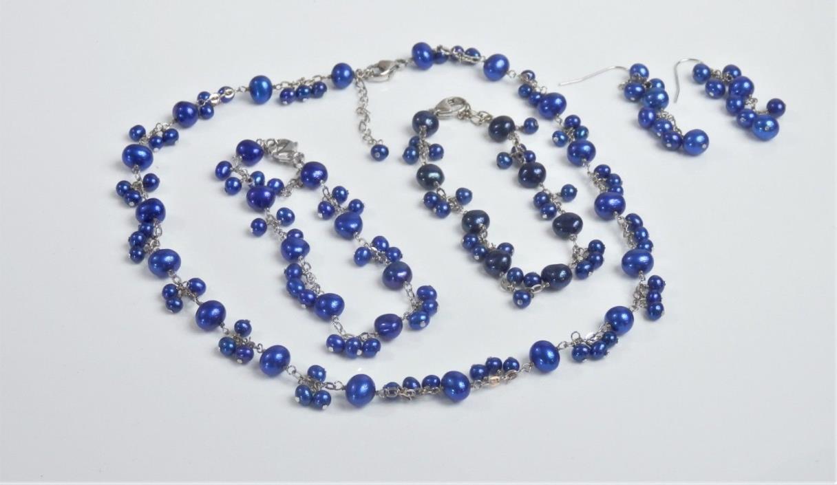 Honora Indigo  Blue Pearl  Cluster  Station Set  Necklace, 2 Bracelets, Earrings