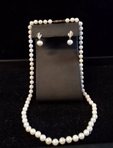 14k yellow gold pearl necklace and earrings set C 261