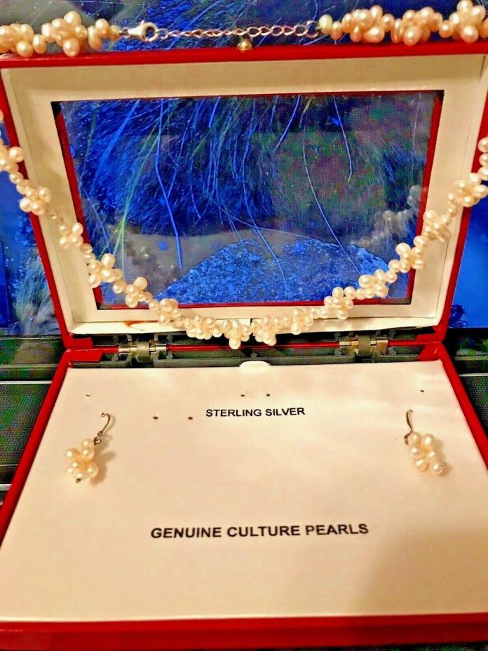 Genuine Cultured Pearls Sterling Silver Necklace-Earring Set