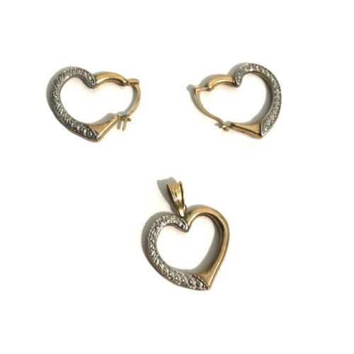 10K Yellow Gold Small Heart Pendant Earrings Set Silver Crystal Design Jewelry