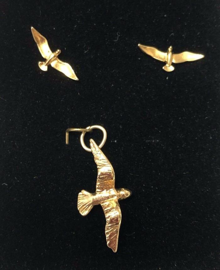 14K over Sterling Silver Vermeil Flying Seagull Pendant & Post Pierced Earrings