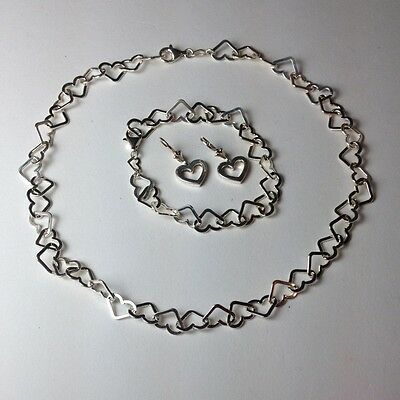 Sterling Silver Heart Link Necklace Bracelet Earrings Set Sweet 925 30 Grams