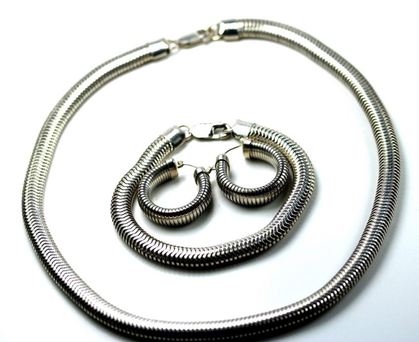 Sterling Hollow Serpentine Necklace, Bracelet, Earrings Set  104g.