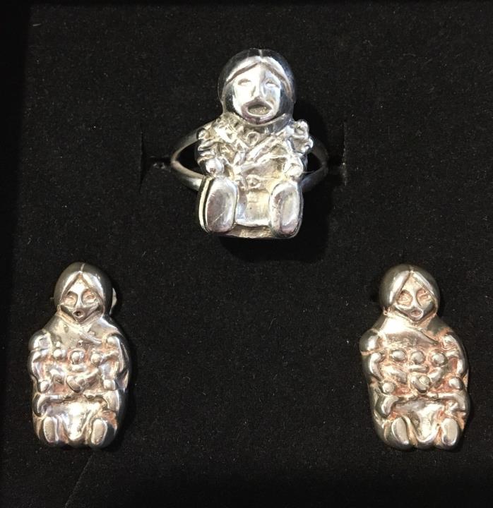 VINTAGE '90 Carol Felley STORYTELLER Sterling Silver RING & pierced EARRING set