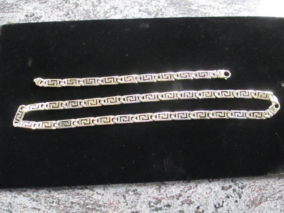 MENS 14KT YELLOW GOLD GREEK KEY LINK CHAIN WITH MATCHING BRACELET 125.3 GRAMS