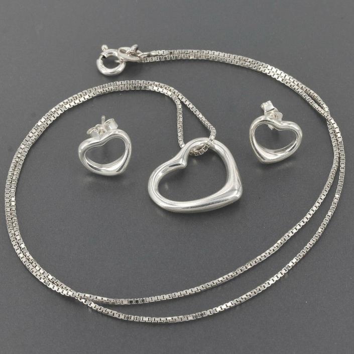 Sterling Silver Floating Heart Pendant Necklace & Earrings Set