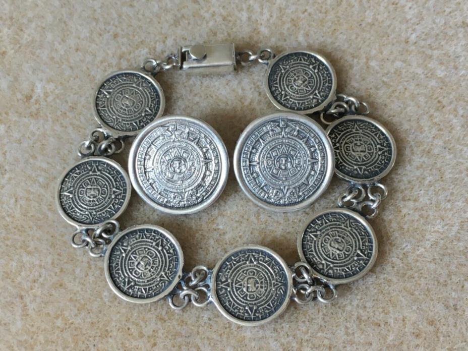 Large Sterling Silver Aztec Calendar Earrings Bracelet Set 925 Mexico
