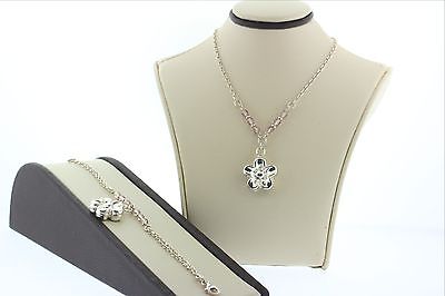 NEW Sterling Silver 925 Italy Necklace & Bracelet Set- 3D Flower with Pink Beads