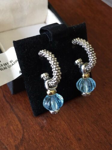 NWT $995 lagos earrings 18 Karat Gold SS Hoops Caviar Blue Topaz Melon Bead