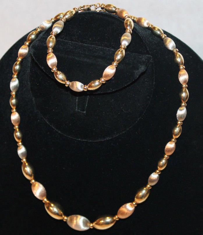 Beautiful 14K Yellow White Pink Gold Beads Necklace Bracelet Set Large 40.8g