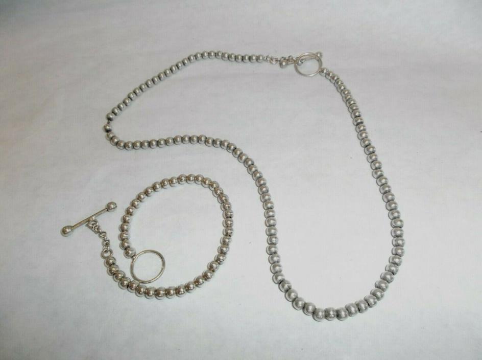 925 Italy silver beaded necklace and bracelet set with toggle clasp