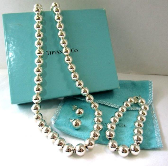 TIFFANY & Co SS Bead Necklace Bracelet Earrings 71.5 grams includes box/pouch