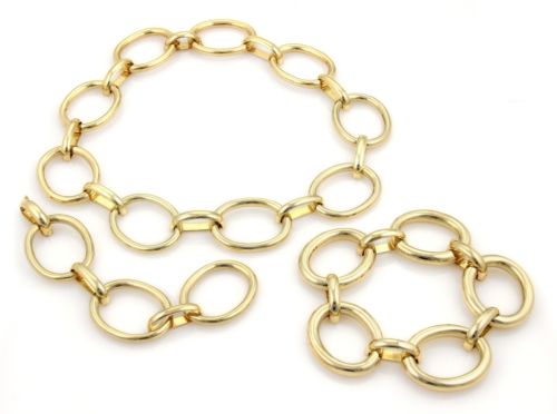 Vintage 18k Yellow Gold Larage Oval Ring Links Necklace & Bracelet Set 323 Grams