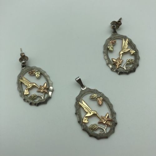 Landstrom's Tri-Color Gold & Silver Hummingbird Pendant & Earrings Set Blk Hills