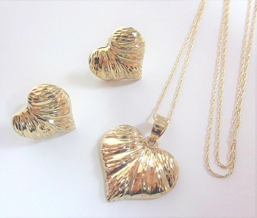 14K and 10K Yellow Gold Heart Textured Pendant Necklace & Earrings Set 3.2g 17