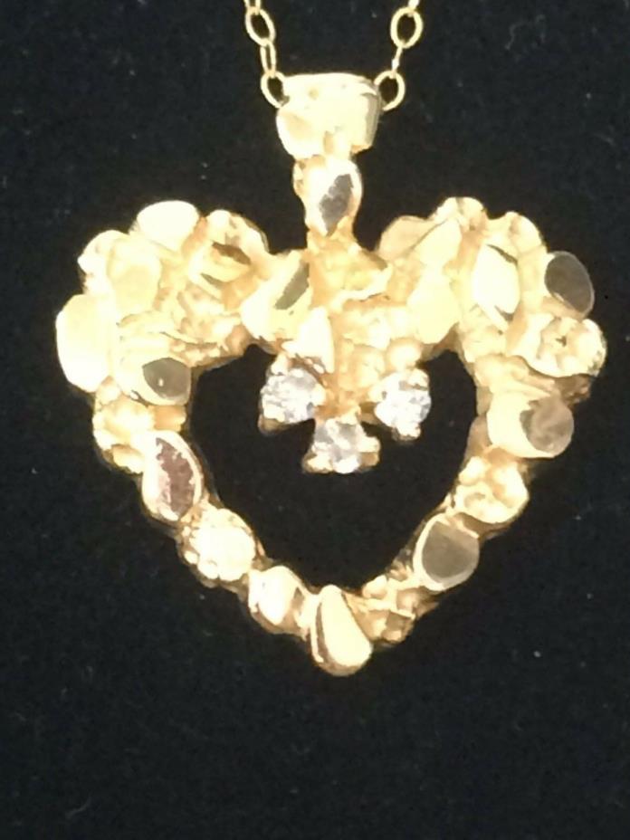 14K Yellow Gold Diamond Heart Nugget Pendant and Chain