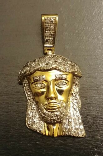 Solid 10k Gold Jesus Head Pendant With Natural White Diamonds
