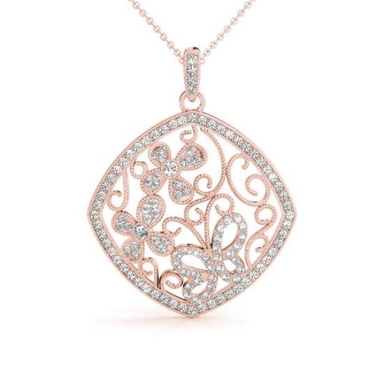 NEW 14k ROSE GOLD DIAMOND BUTTERFLY AND FLOWER PENDANT NECKLACE CHARM