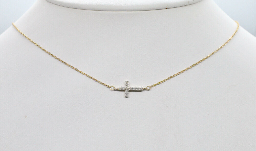 $375 10K Y. Gold Diamond Sideways Cross .10ctw Petite Pendant & 18 Inch Necklace