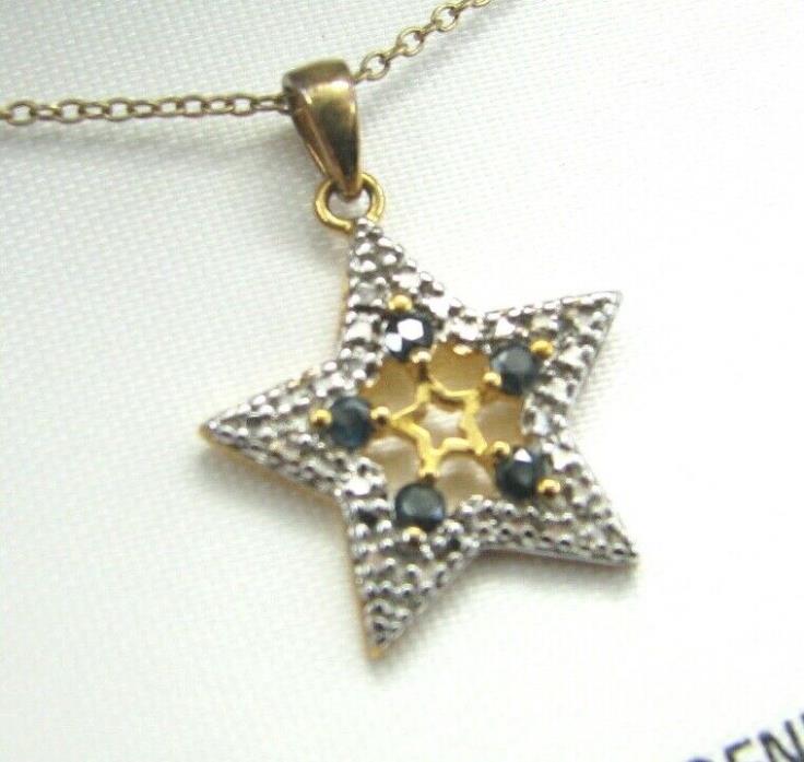 Kohls New/Box 18K Yellow GOLD / STERLING SILVER Star Necklace DIAMOND SAPPHIRE