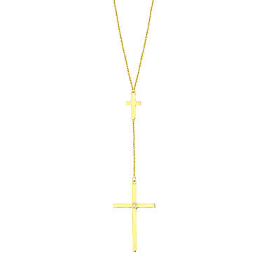 14k Yellow Gold Double Cross Drop Y-style Necklace with Diamond Accent