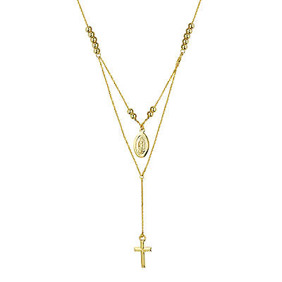 14k Gold Y-style Necklace with Beads, Virgin Mary Medallion and Cross Drop