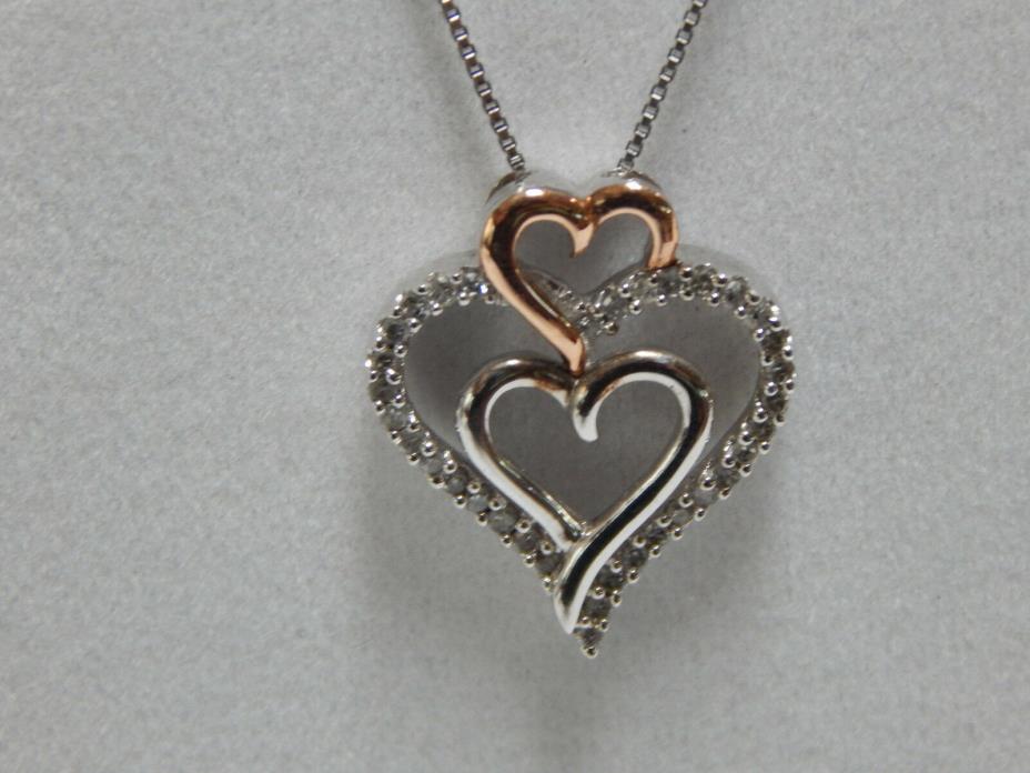 14K Rose Gold & .925 & .34ctw Diamonds Triple Heart Pendant Chain - Retail $333