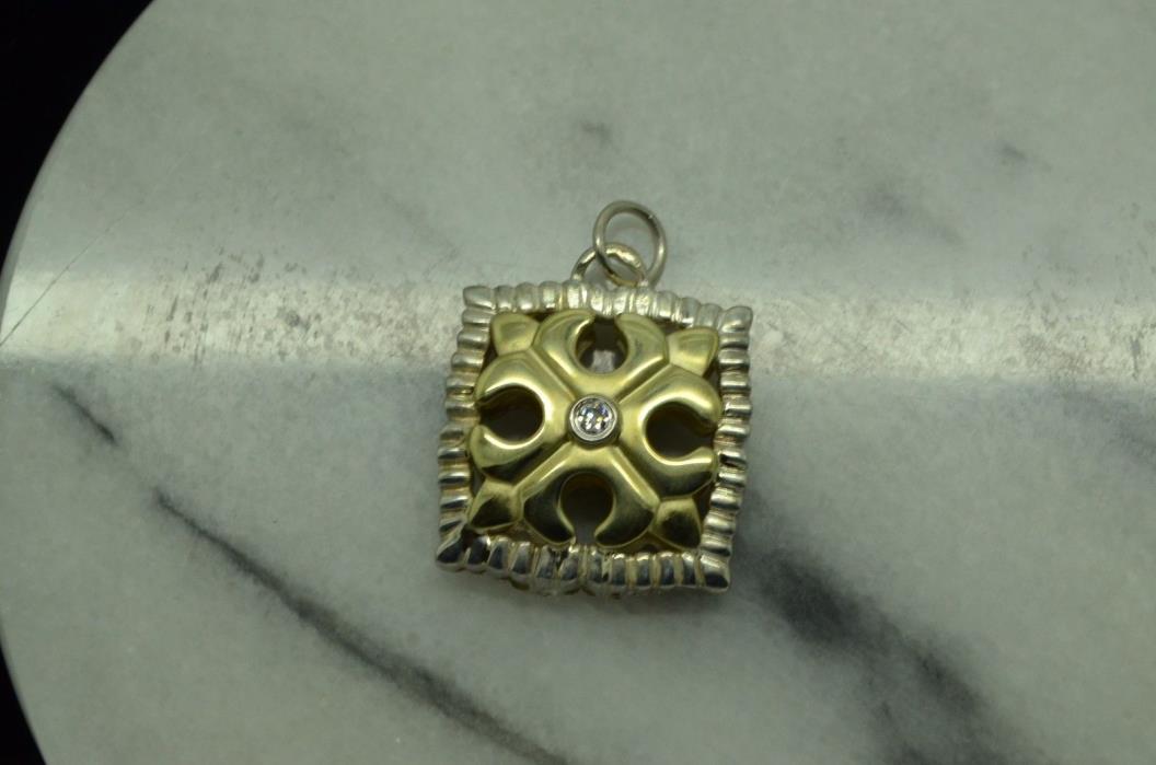 14K YELLOW GOLD & 925 STERLING SILVER DIAMOND SQUARE PENANT CHARM LOTS OF DETAIL