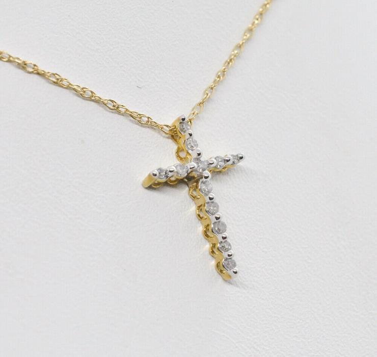 $375 10K Y.Gold Genuine Diamond Cross .10ctw Petite Pendant & 18 Inch Necklace