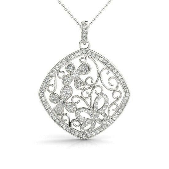 NEW 14k WHITE GOLD DIAMOND BUTTERFLY AND FLOWER PENDANT NECKLACE CHARM