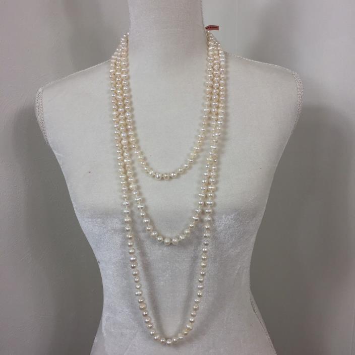 100 Inch White Freshwater Pearl Necklace Earring Set 6-7mm Cultured Wedding Long