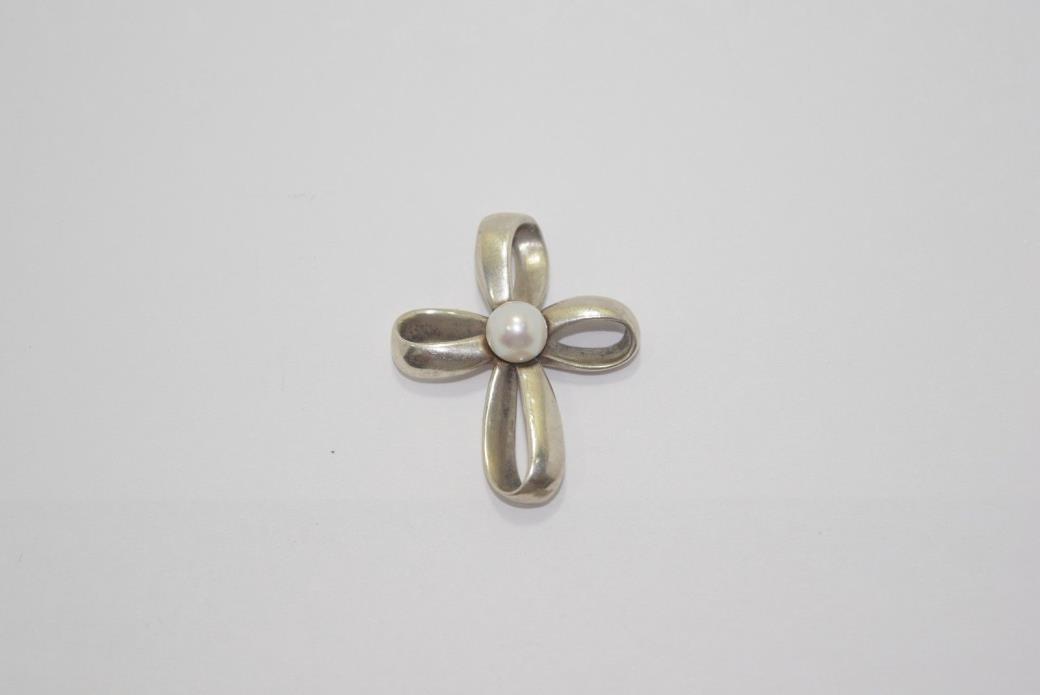 James Avery Retired Ribbon Cross with Cultured Pearl Pendant