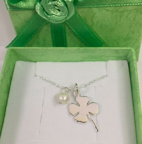 925 Sterling Silver Four Leaf Clover Shamrock Pearl Charm Pendant Necklace 16”