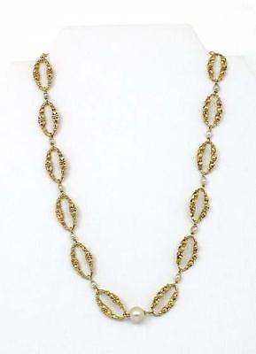 Estate 14k Yellow Gold & Pearls Open Floral Oval Links Necklace