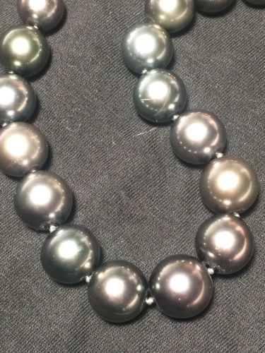 Tahitian Pearls Graduated Necklace 14k WG Clasp Metallic Chocolate 17” Round