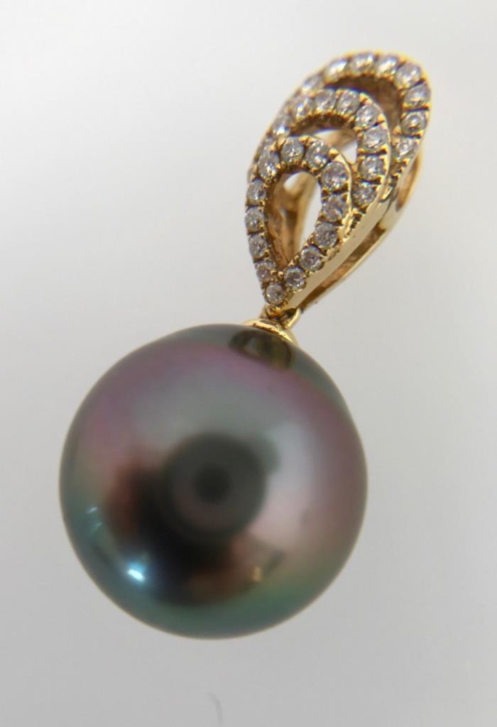 13.2mm Natural Peacock Color Tahitian Drop Pearl & Diamond Pendant
